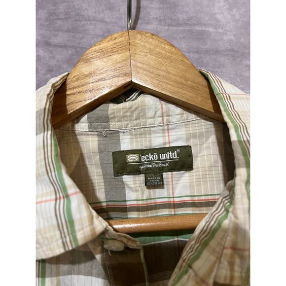 VINTAGE Y2K Ecko Unltd. Plaid Button Up Tan Brown Green Orange size L - Picture 2 of 4